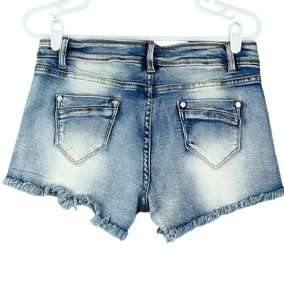 Chelsea & Violet Stretch Blue Denim Shorts Size 30 Fringed Cut off Beads Tassels - Picture 2 of 10